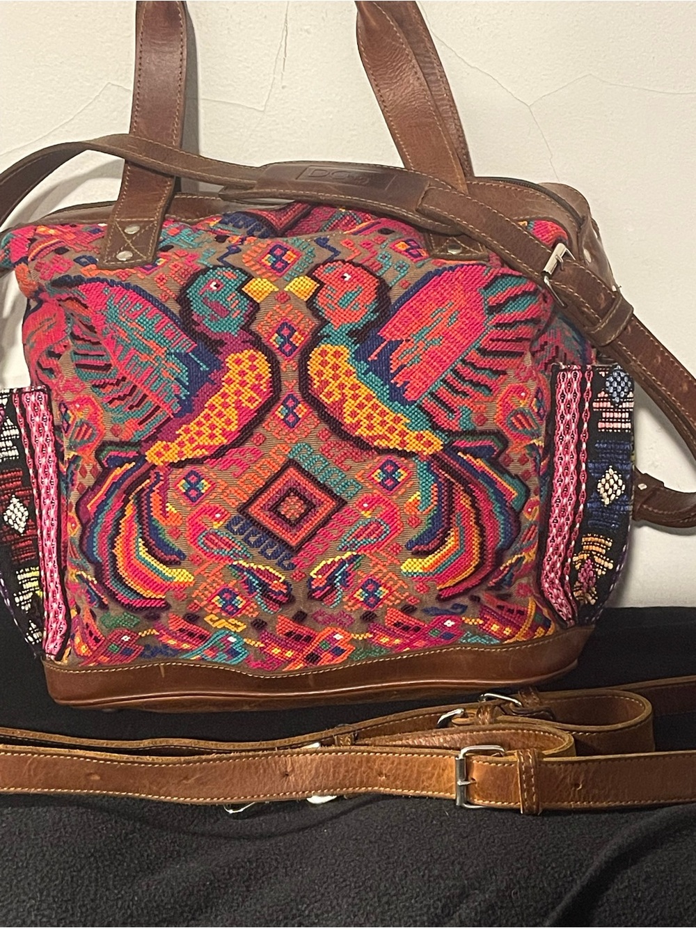 Handwoven Multicolor Tote Bag with Brown Leather Trim